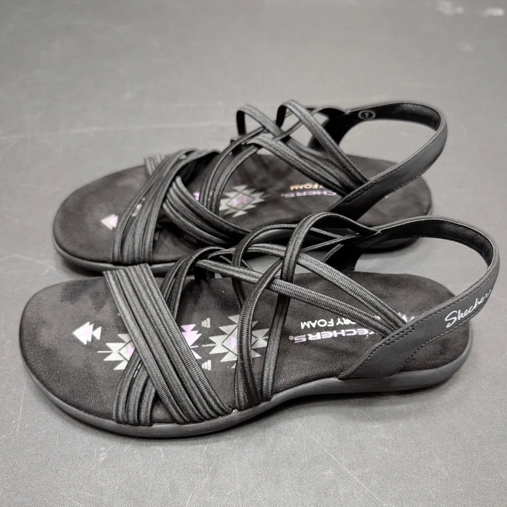 Skechers Reggae Slim Vacay Black Strappy Memory Foam Sandals Womens 7